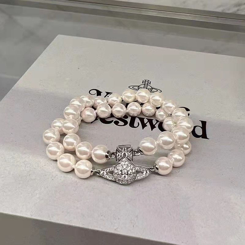 Queen Mother Vivienne Vivienne full diamond Saturn elegant double layer pearl magnetic buckle planet niche temperament bracelet