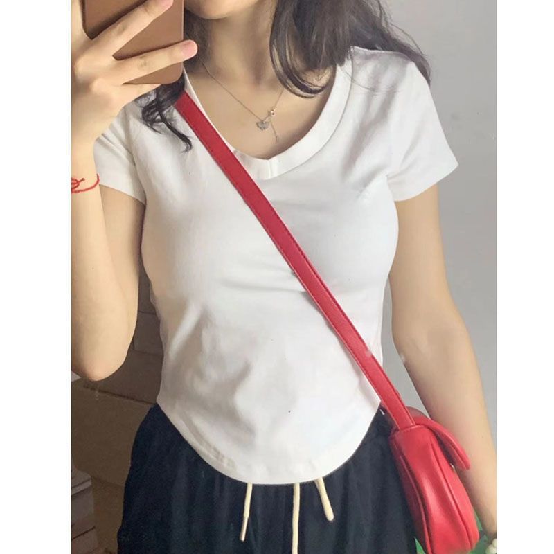 French hot girl v-neck short-sleeved t-shirt women's summer slim fit all-match irregular chic pure desire wind short top clothes