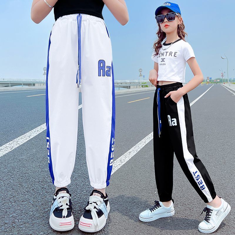 女童褲子夏季薄款冰絲大童洋氣夏裝寬鬆速干防蚊褲束腳兒童運動褲