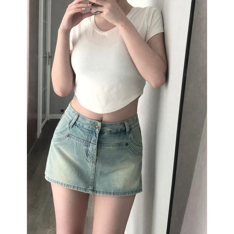 Light-colored retro denim skirt women's summer babes anti-skid culottes high waist slim A-line bag hip skirt trendy