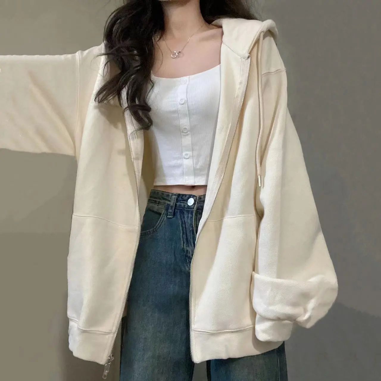 Korean style oversize loose hooded sweater women's 2023 spring and autumn new small zipper cardigan jacket
