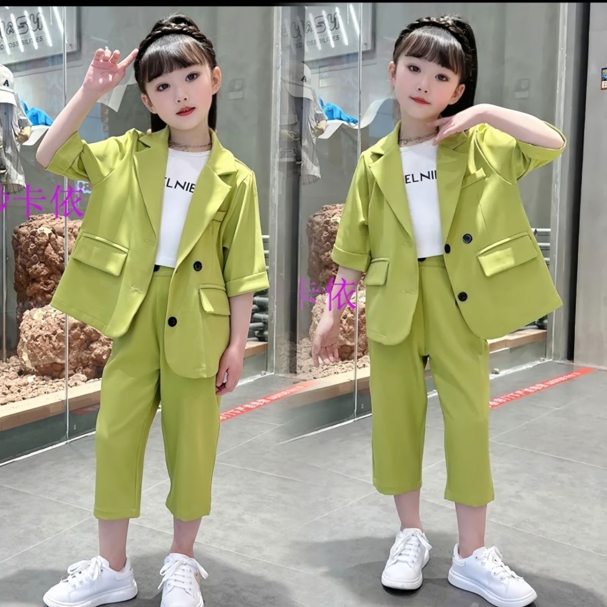 女童夏裝套裝2023夏季新款洋氣西裝百搭中大童時尚韓版西服三件套