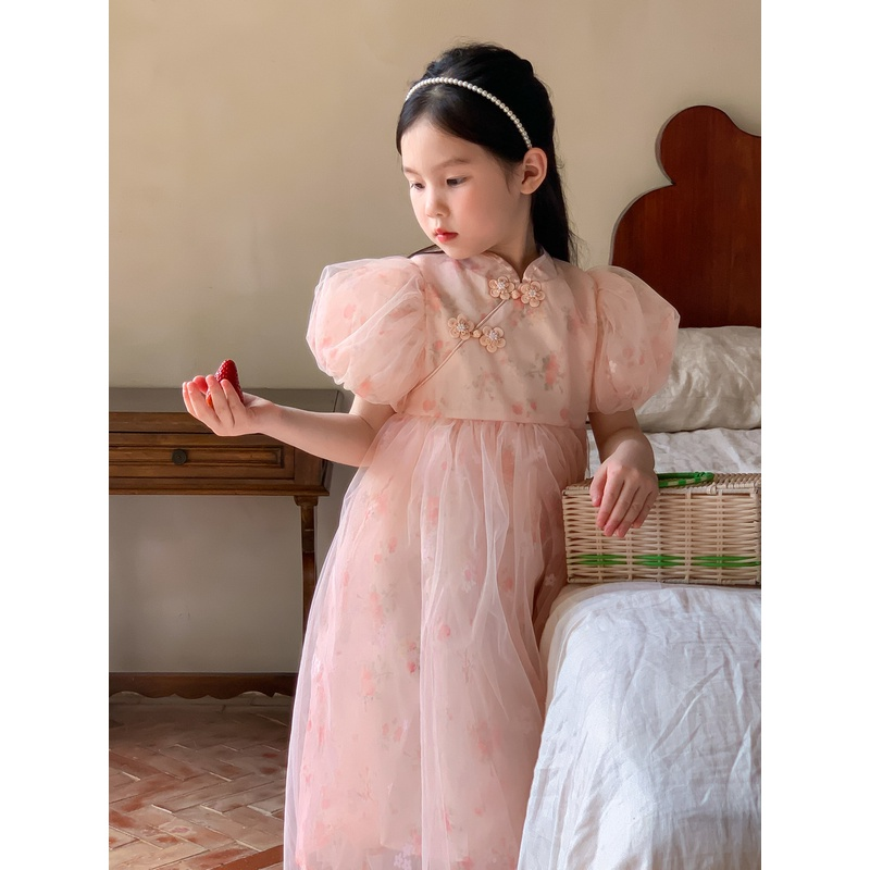 Kaikai's 2023 new summer style girls' Korean style foreign lady-like gauze skirt flower plate buckle cheongsam skirt trendy