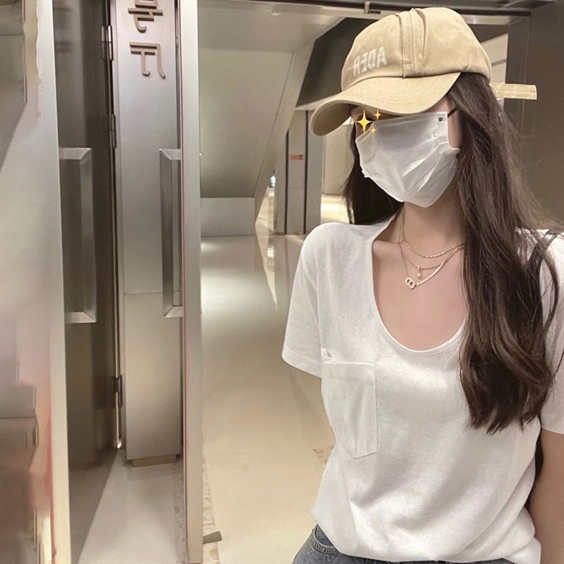 [Basic front shoulder] U-neck white short-sleeved t-shirt with exposed collarbone women's summer loose pocket bottoming shirt top tide