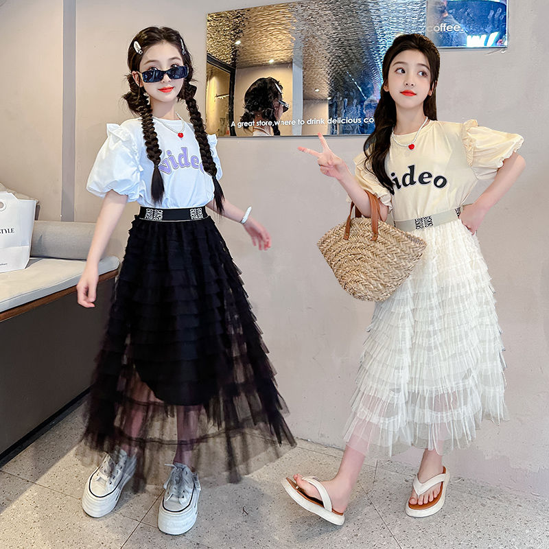 女童夏季套裝新款中大兒童女孩連衣裙洋氣夏款短袖紗裙兩件套爆款