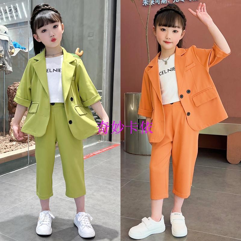 女童2023夏季新款洋氣百搭中大童洋氣西服韓版三件套網紅春夏童裝