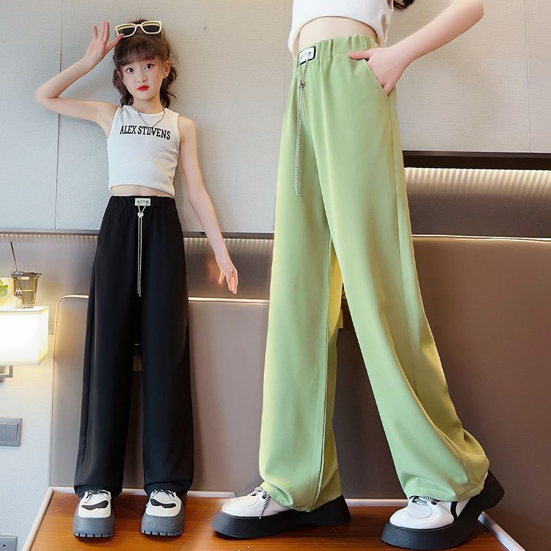 女童褲子夏季薄款2023新款兒童夏天冰絲闊腿褲女孩夏裝直筒褲大童