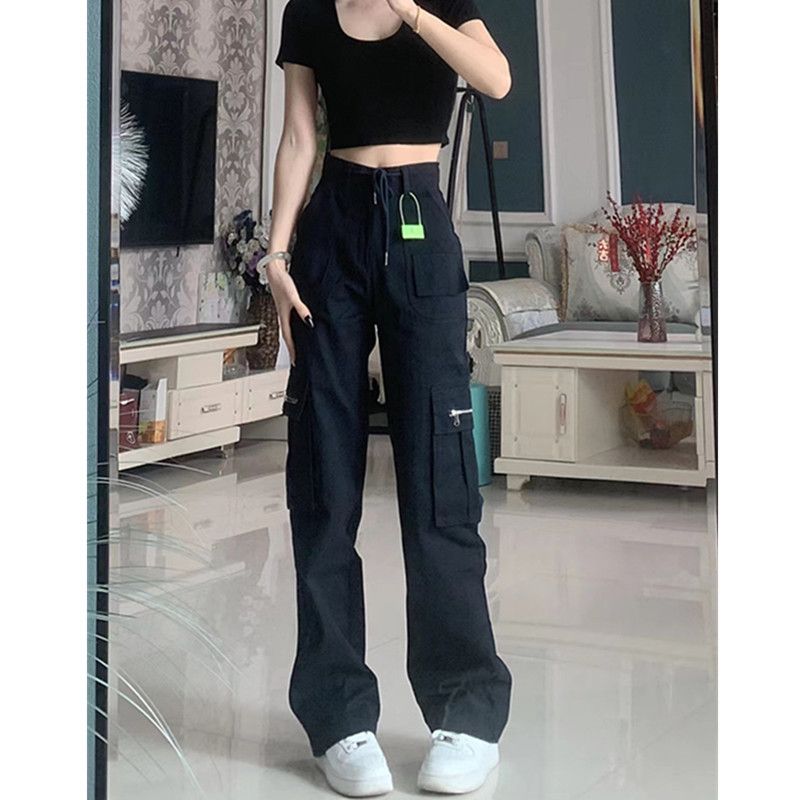 American style high waist straight loose loose hot girl summer Korean version black all-match high street tooling multi-pocket jeans women's fashion