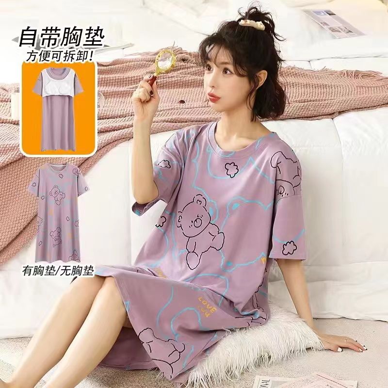 Cotton nightdress women's summer with chest pad loose short-sleeved Korean style pajamas women's large size thin section over the knee can be worn outside in summer
