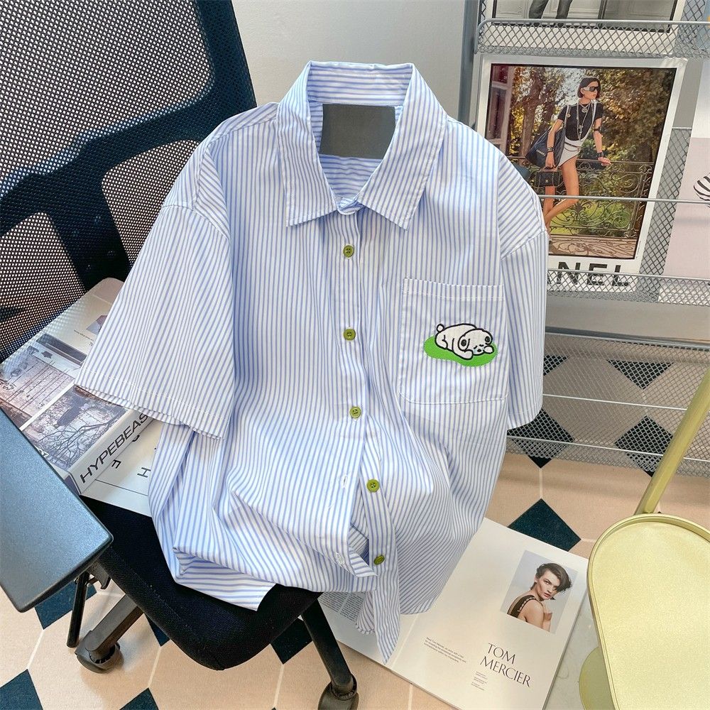 日系藍色條紋小狗刺繡襯衫女2023夏季新款設計感正肩短袖上衣外套