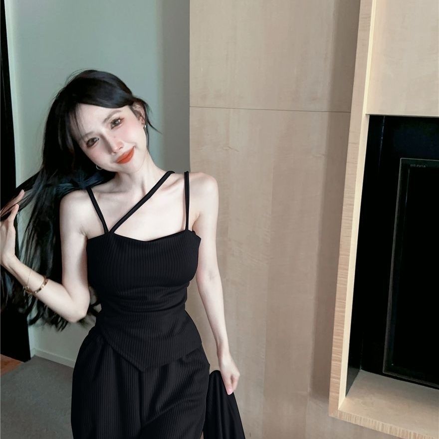 Pure lust-style high-waisted wide-leg pants suit for women spring  new casual irregular suspenders tube top three-piece set