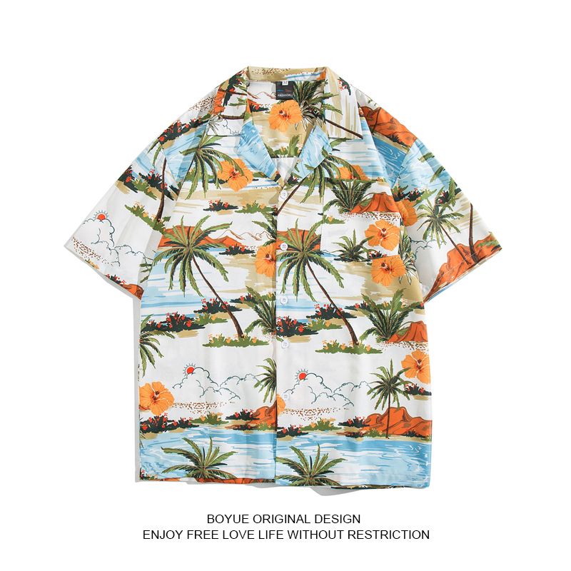 夏季休闲夏威夷风古巴领衬衫男海边沙滩度假衬衣学生短袖潮流上衣