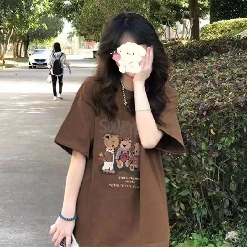 100%純棉夏季新款丅恤短袖女寬鬆ins潮高街美式復古小熊半袖上衣
