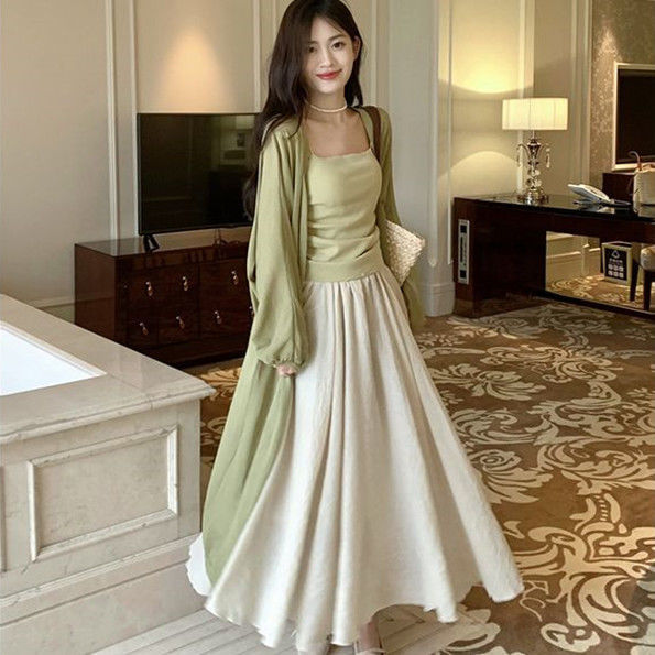 長袖款防曬開衫抽褶吊帶背心仙女半身長裙春季2023新款時尚三件套