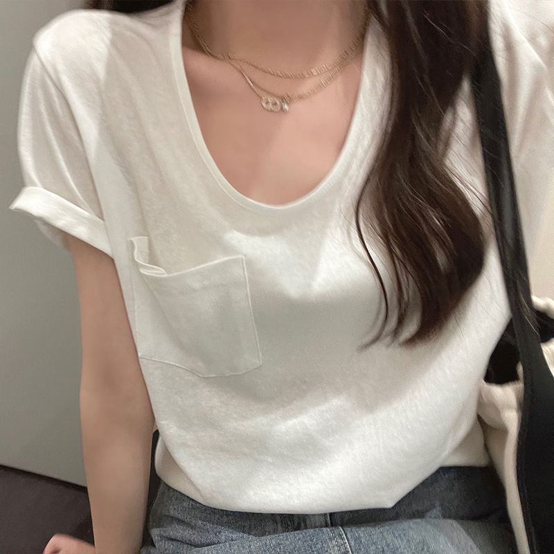 [Basic front shoulder] U-neck white short-sleeved t-shirt with exposed collarbone women's summer loose pocket bottoming shirt top tide
