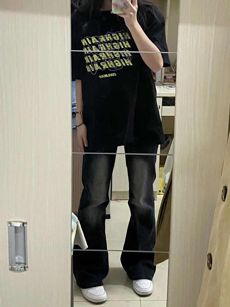 特大碼300斤美式高街微喇牛仔褲女胖mm寬鬆顯瘦復古做舊喇叭褲子