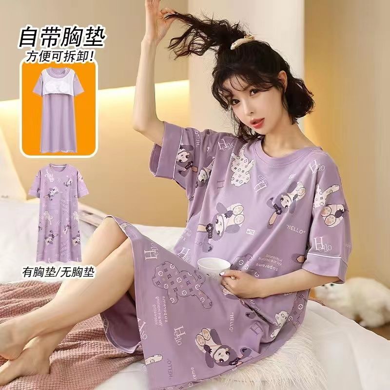 100% pure cotton loose large size Korean style loose pajamas for women in summer with chest pad nightdress for women thin section can be worn outside in summer