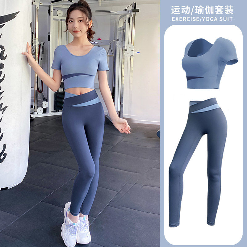 瑜伽服女上衣2023春夏專業訓練晨跑步速干大碼運動短袖健身褲套裝