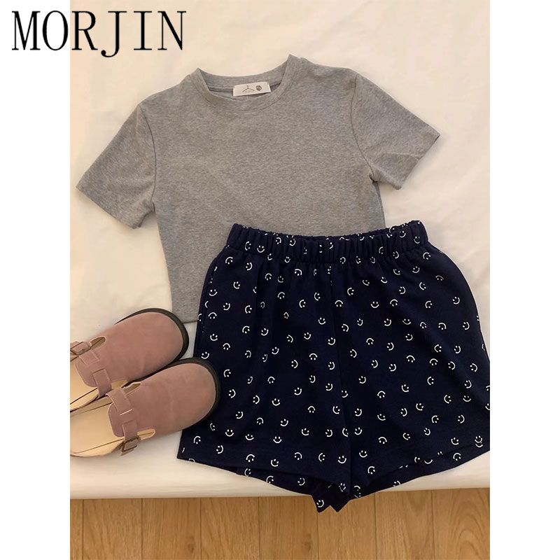 MORJIN韓版設計感笑臉印花運動短褲女夏季居家外穿寬鬆顯瘦三分褲