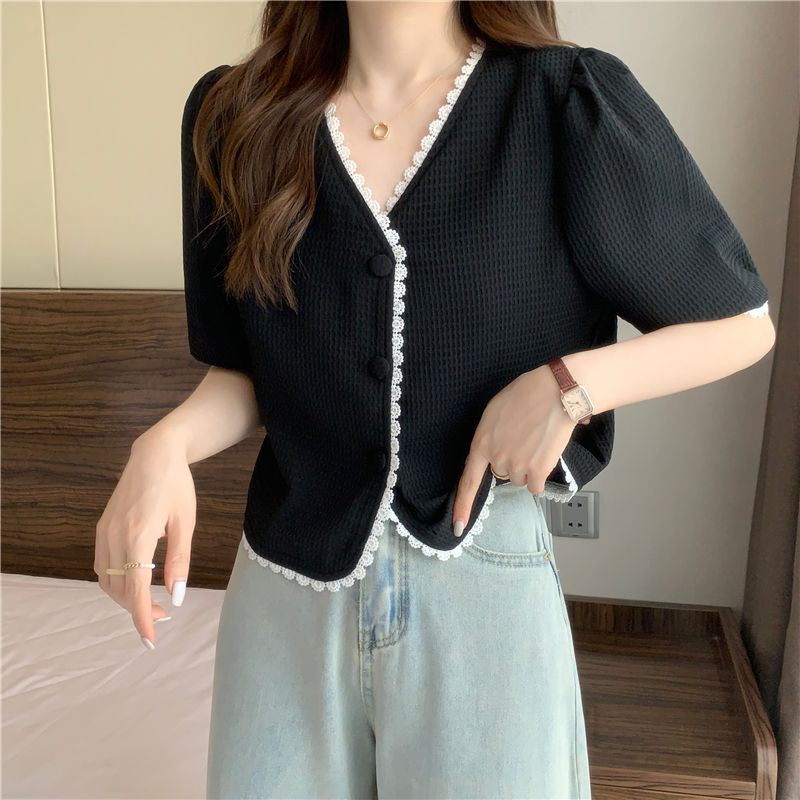 French design slimming tops plus size women's summer slightly chubby mm belly-covering V-neck right-shoulder short shirt