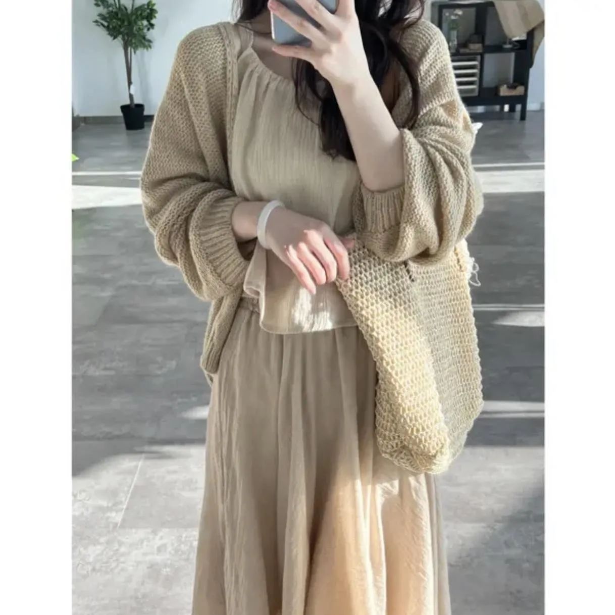 禪意風女裝夏季2023新款長袖毛衣開衫棉麻掛脖吊帶背心高腰半身裙