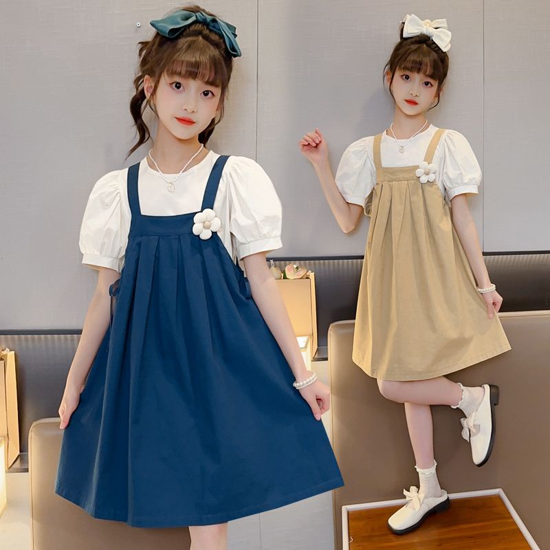 女童連衣裙夏裝時髦背帶裙2023新款洋氣女孩兒童夏季套裝裙子大童