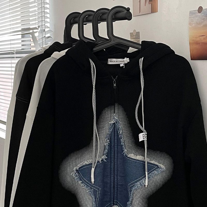 American retro star print hooded sweater for men and women ins tide brand high street loose niche couple cardigan jacket