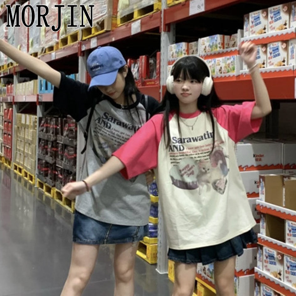 MORJIN American style high street cat print hit color raglan shoulder short-sleeved T-shirt women's summer loose couple half-sleeved top tide