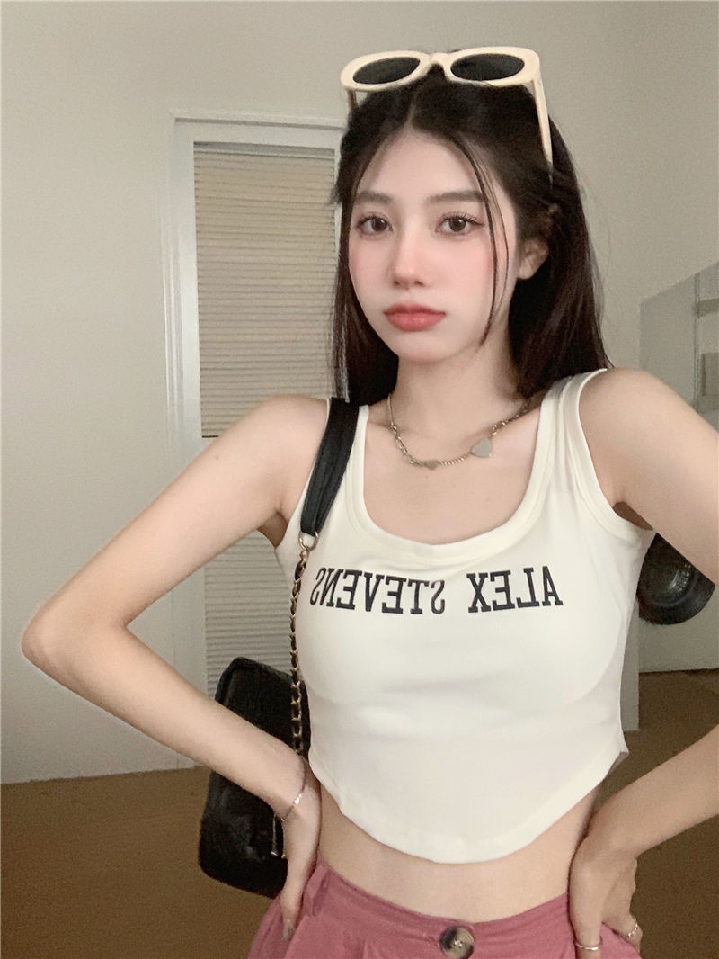 Pure desire style suspenders with chest pad female American ins wear gray letter vest hot girl top with small man