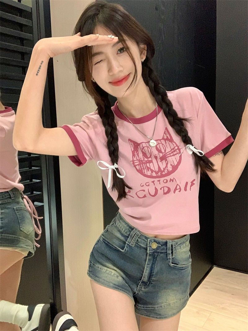 Color-blocking shoulder short-sleeved T-shirt women's summer 2023 new cat letter printing slim fit and thin short top ins
