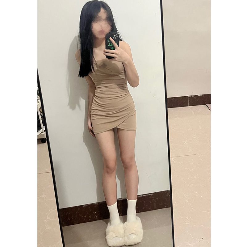  new spring and summer tight-fitting hips and waist sexy pure desire sweet hot girl fried street khaki suspender dress female