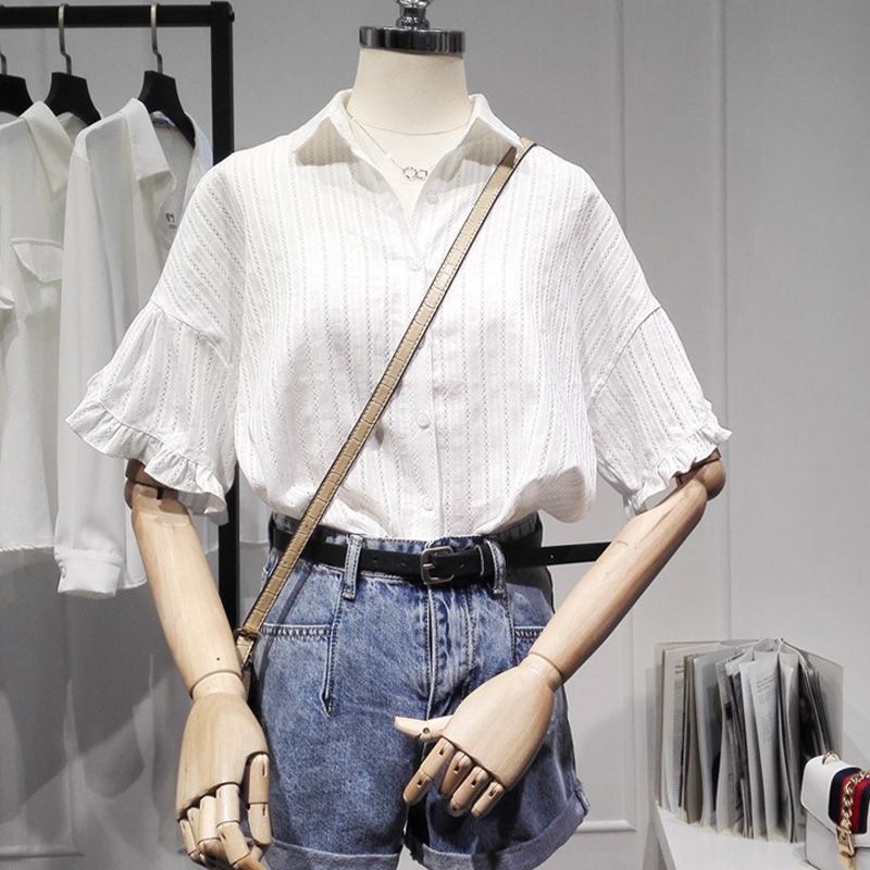 Grigio white shirt women's lotus leaf sleeves summer new women's clothing small fresh loose belly-covering top short-sleeved trendy