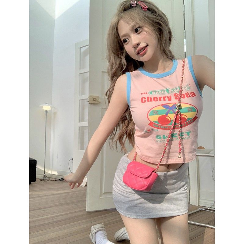 Sweet hot girl printed camisole women's summer pure lust style racer slim fit sleeveless inner wear short top