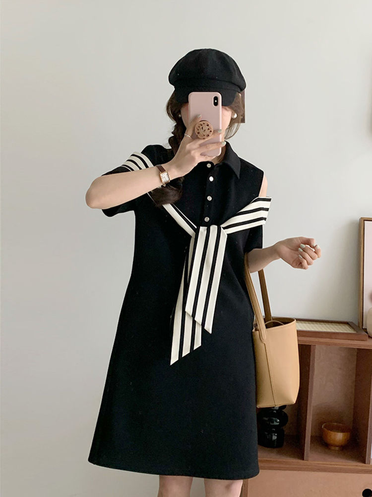 Striped shawl POLO collar off-the-shoulder dress fat MM extra large size 300 catties loose belly cover thin simple skirt