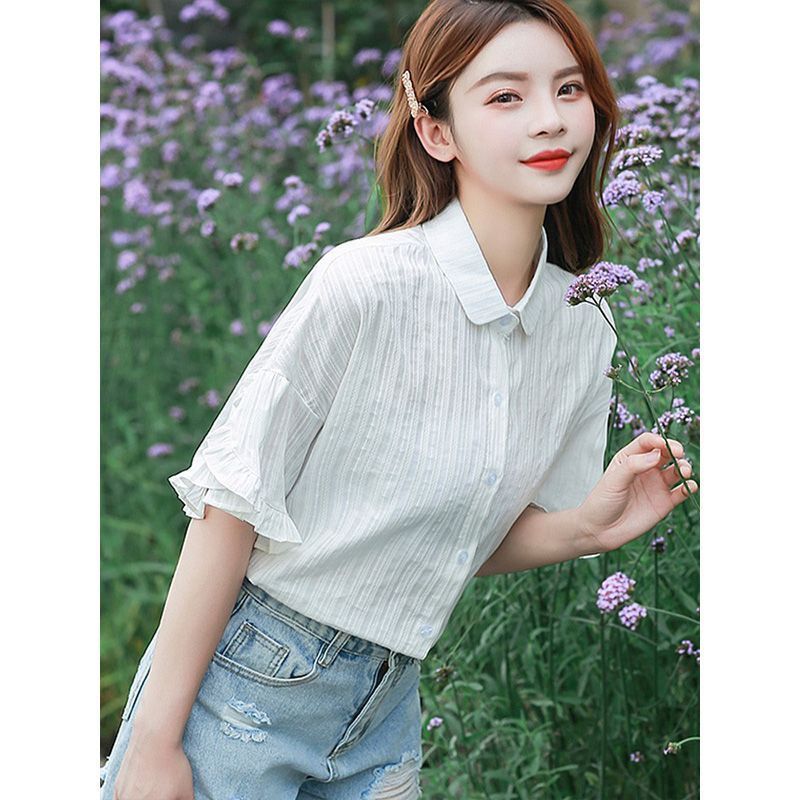 Grigio short-sleeved pure cotton white shirt women's lotus leaf sleeve summer new style small fresh loose versatile belly-covering top