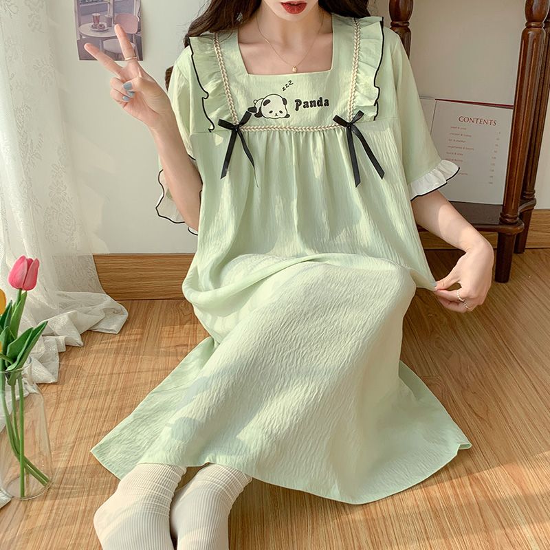 Women's nightdress summer short-sleeved cotton princess ins style sweet super fairy net red hot style over the knee long home clothes