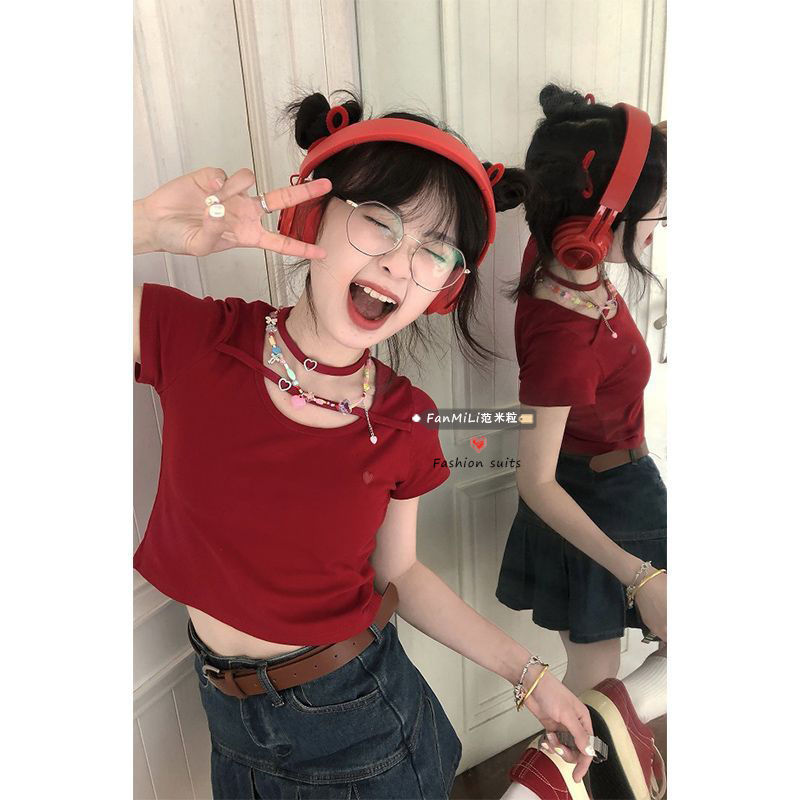 小個子辣妹兩件套裝女夏季設計感正肩短袖t恤上衣高腰牛仔半身裙