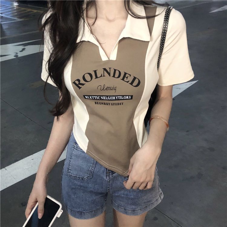 100% Can't afford the ball Contrast color stitching Polo collar short-sleeved t-shirt Women's American style slim irregular thin short top