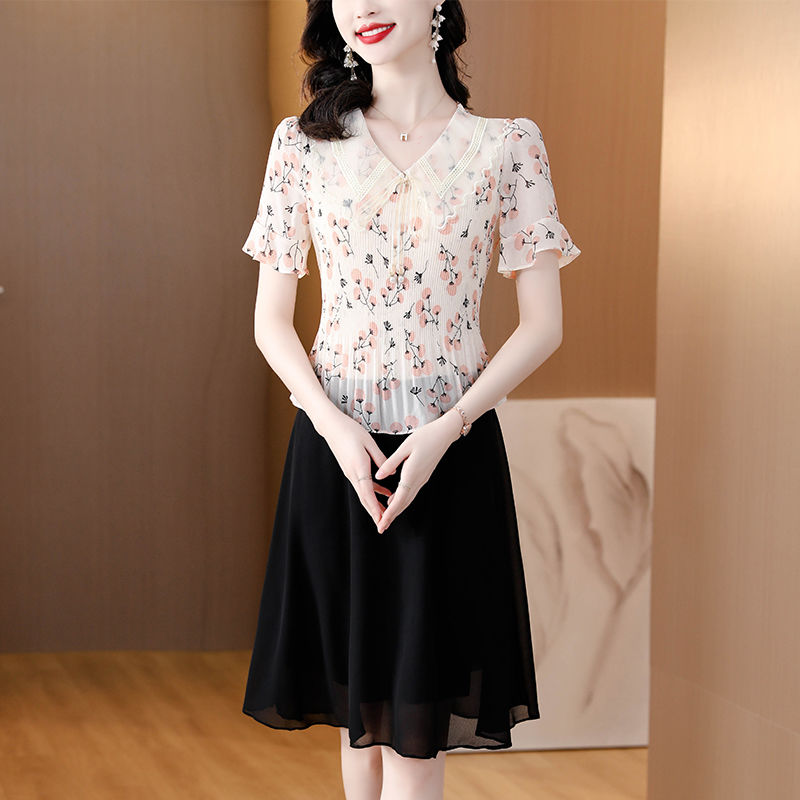 娃娃領雪紡連衣裙女2023夏裝新款時尚收腰顯瘦減齡媽媽假兩件裙子