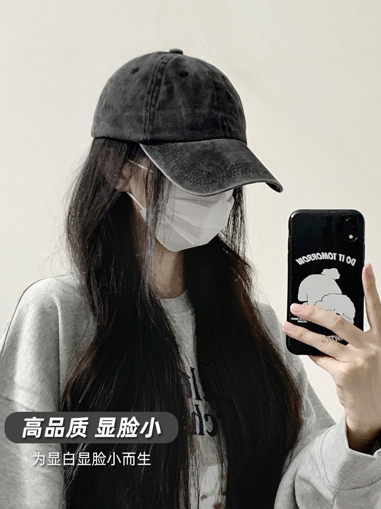 Big head circumference peaked cap female washed old denim gray baseball cap summer sun protection hat showing face small sun hat
