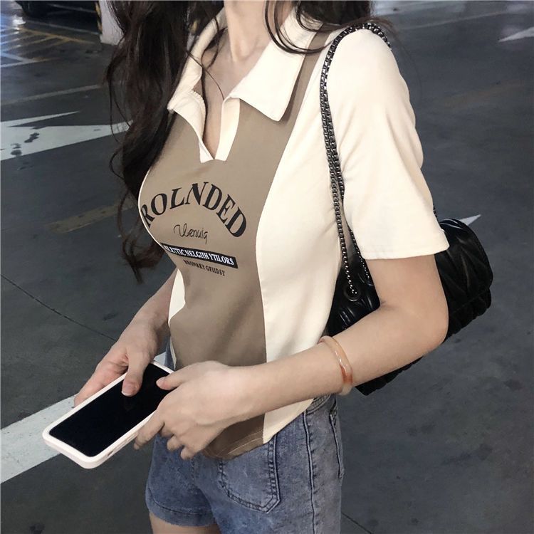 100% Can't afford the ball Contrast color stitching Polo collar short-sleeved t-shirt Women's American style slim irregular thin short top