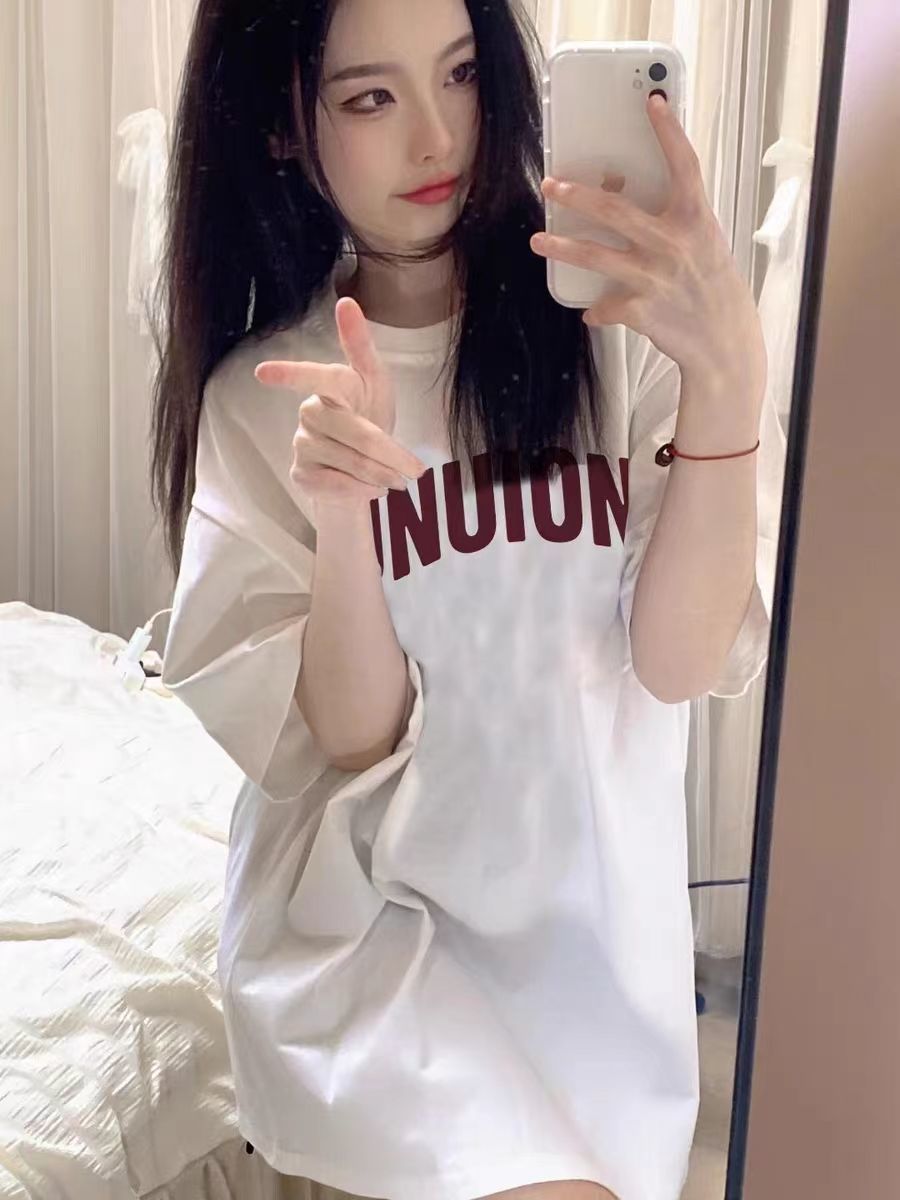 Korean version of the American letter retro short-sleeved t-shirt women's new ins campus style loose student top cover meat cute tide