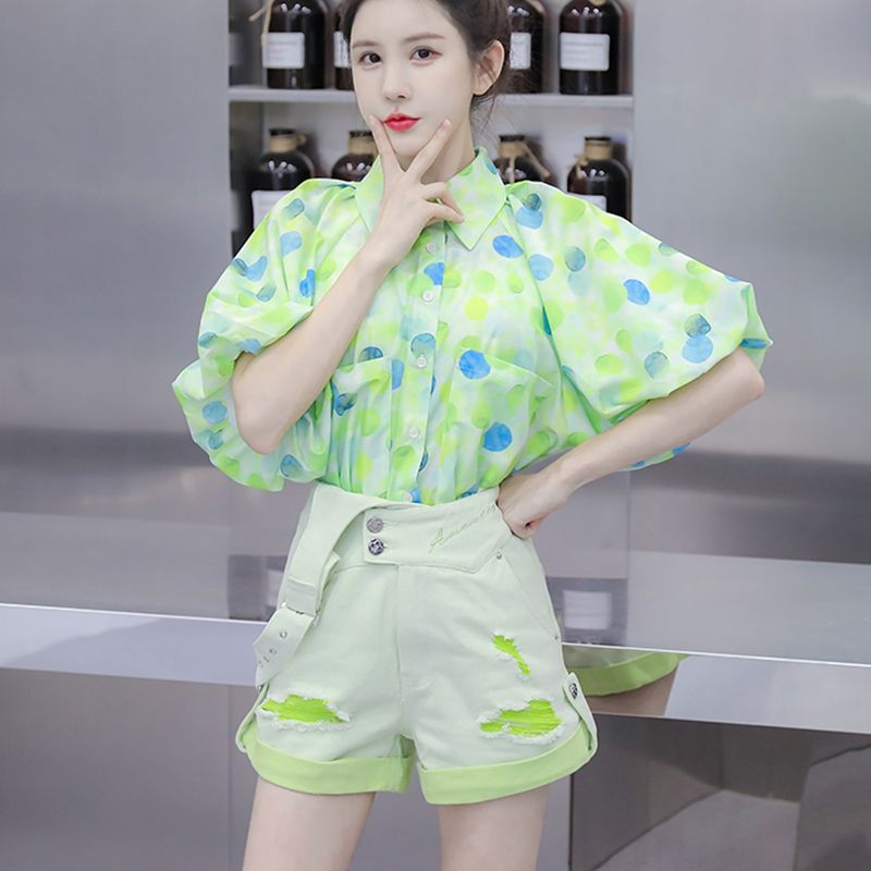 減齡單肩背帶短褲套裝女夏季新款初高中學生清新燈籠袖襯衣兩件套