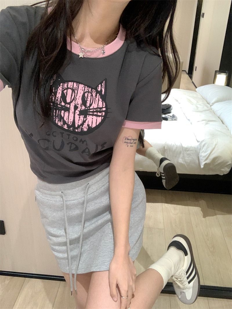 Color-blocking shoulder short-sleeved T-shirt women's summer 2023 new cat letter printing slim fit and thin short top ins