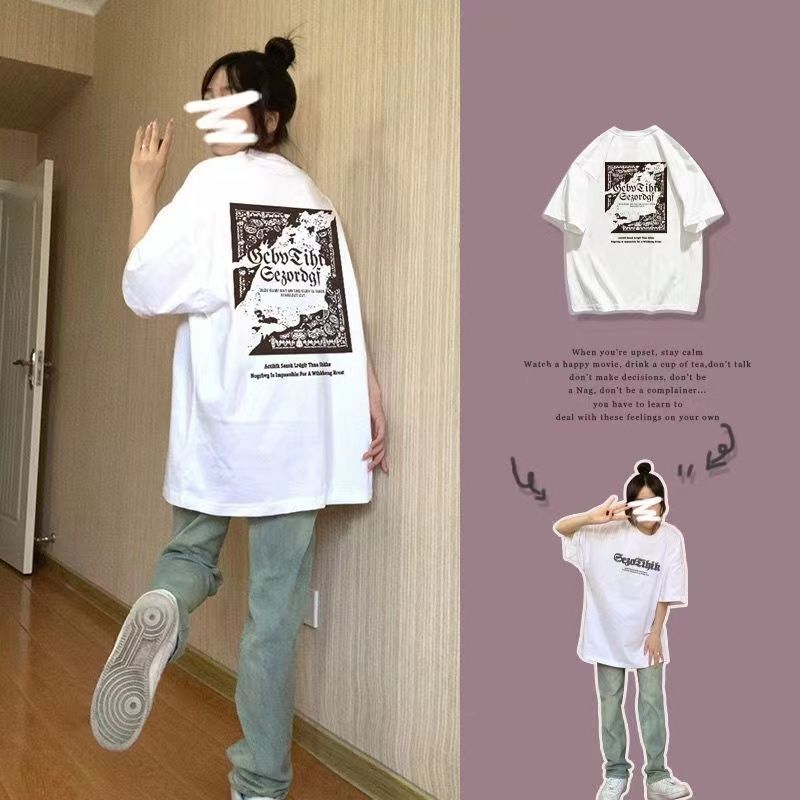 100%純棉短袖t恤女學生韓版寬鬆2023夏季新款小眾高街印花上衣服