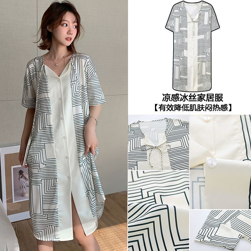 Ice silk nightdress women's summer mid-length knee-length cool feeling thin pajamas summer high-end confinement home service can be worn outside