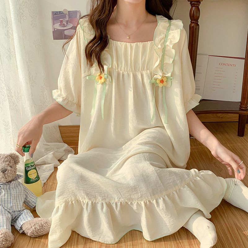Women's nightdress summer short-sleeved cotton princess ins style sweet super fairy net red hot style over the knee long home clothes