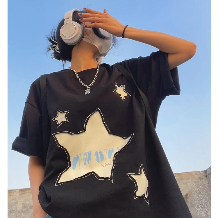 100% can't afford the ball American retro star print short-sleeved T-shirt women's summer trendy brand loose all-match couple tops