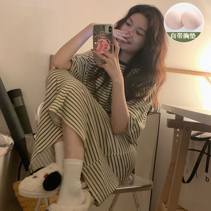 Women's summer cotton short-sleeved nightdress with chest pad home clothes striped sweet loose mid-length ins style pajamas dress
