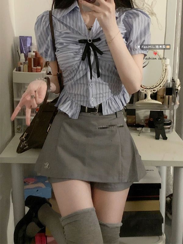 學院風蝴蝶結短袖襯衫套裝女夏季純欲修身短款上衣高腰顯瘦半身裙